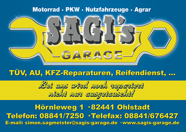 Sagis Garage Sagis-Garage Ohlstadt Simon Sagmeister KfZ Reparatur Reifen TV Klimaanlagenservice Auto Instandsetzung Unfall Transport PKW berfhrung Abschleppdienst Rollenprfstand AU TV Bremsen Motor Getriebe Kupplung Lenkung Schalt Automatik Nutzfahrzeuge Agrar Landmaschinen Motorrad